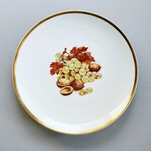 Vintage PM Jaeger & Co. Harvest Dinner Plate, Grapes & Walnuts, Heavy Gold Trim
